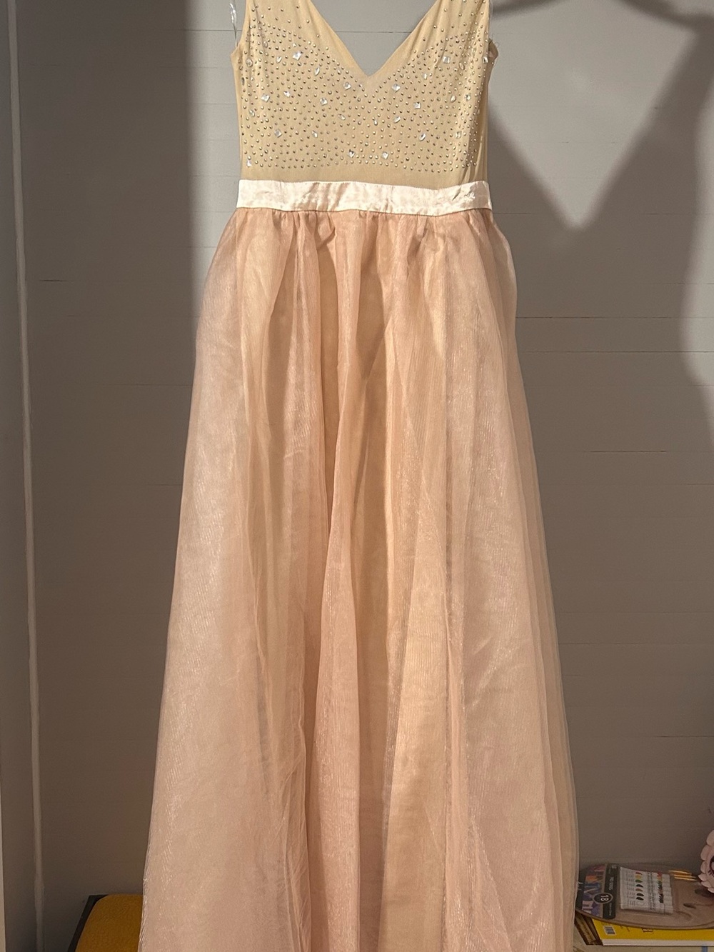 Girls' Champagne Tulle Formal Dress with Beaded Bodice
